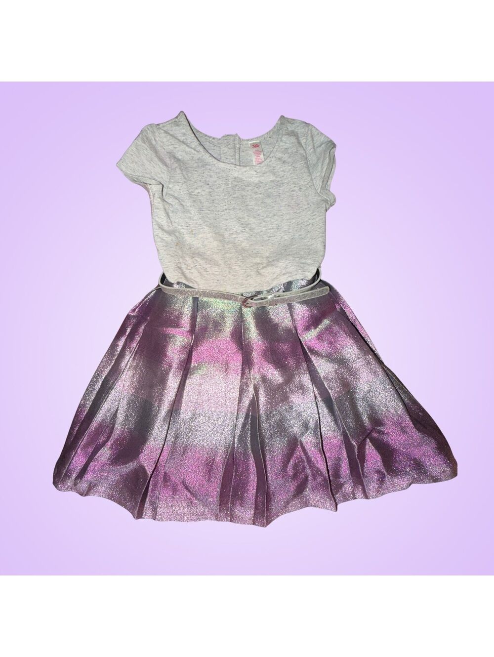 Justice Girls Size 7 Grey Short Sleeve Metallic Pink Purple Pleated Dress | Belt